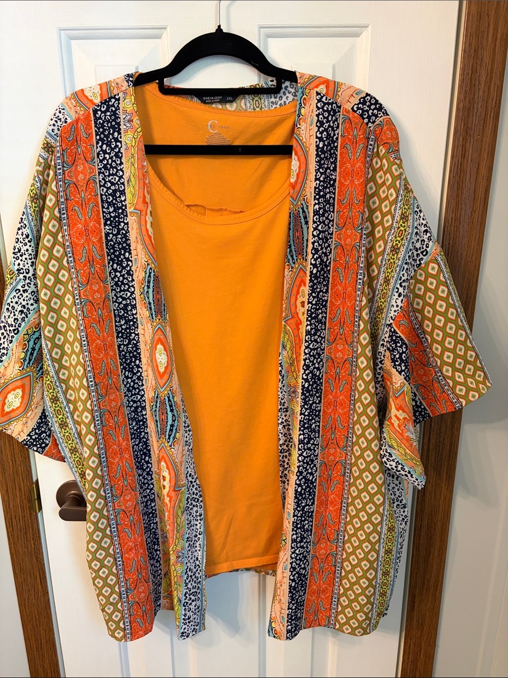 SHEIN Orange Multi-Print Open Front Tunic